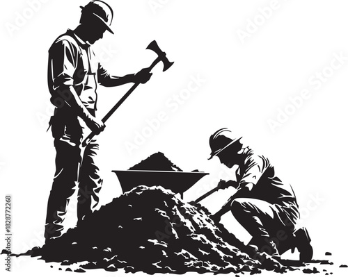 Construction Workers Manual Labor Vector Illustration Men with Hard Hats Shoveling Dirt Pile and Wheelbarrow Job Site
