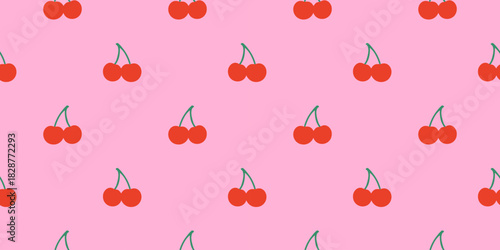 Cherry pattern vector illustration featuring a repeating design of red cherries on a vibrant pink background. Ideal for textiles, wallpapers, and creative projects seeking a cheerful vibe.