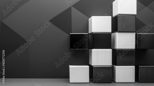 A dynamic arrangement of stacked polished ebony and ivory cubes with geometric patterns and contrasting light and shadow
