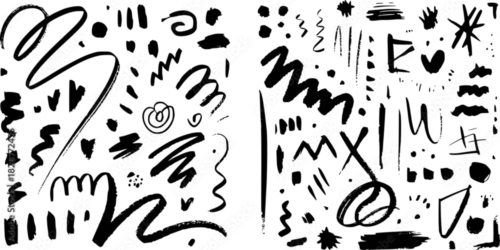 Obraz premium Abstract Black and White Brush Stroke Patterns and Shapes Collection