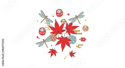 Celebrate the Autumn Season with Vibrant Japanese Maple Leaves and Classic Daruma Dolls, Perfect for Cultural Designs and Festive Asian Inspired Projects