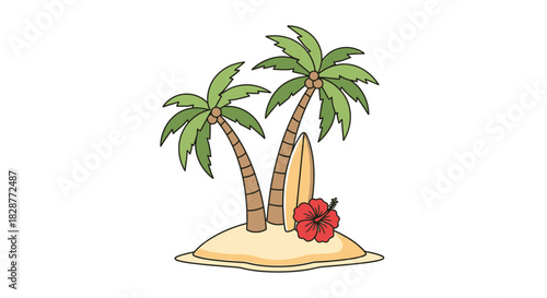 Dreamy tropical island scene with palm trees, surfboard, and hibiscus flower offering a vibrant, carefree vacation vibe for summer designs