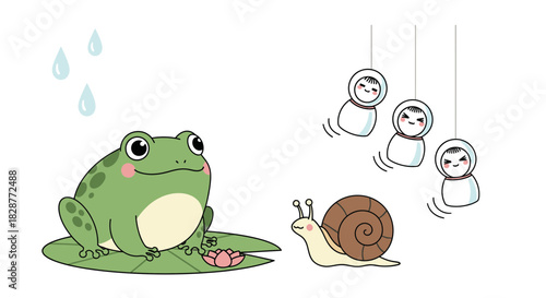 Delightful frog, snail, and Teru Teru Bozu charm art, perfect for children's books, springtime designs, and adorable educational content
