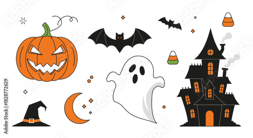 Spooky Halloween icons: Pumpkin, bat, ghost, haunted house, witch hat, moon and candy corn create a fun, festive design for holiday decorations