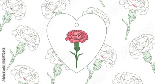Elegant carnation floral design, perfect for heartfelt cards, invitations, and romantic projects, featuring a delicate heart-shaped frame for Valentine's Day