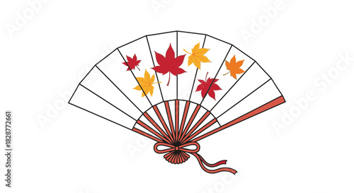 Elegant hand fan with vibrant maple leaves, showcasing autumn's beauty and Japanese aesthetic, perfect for cultural events or seasonal designs