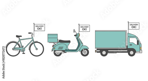 Efficient delivery solutions with bike, scooter, and truck: Perfect for logistics, food, or package delivery services ready to go!