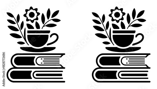Black and white illustration of a teacup with flowers on books, symbolizing knowledge and relaxation