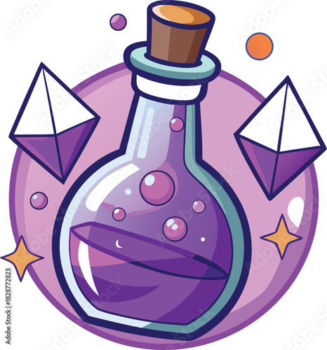 Cartoon bottle with purple liquid and crystals potion