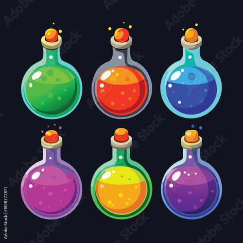 Six glowing round potion bottles with colorful liquids