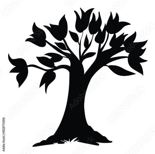  Cute cartoon had drawn vector tree with leaves silhouette.