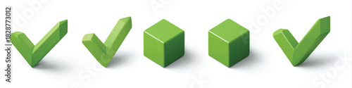 Isometric arrangement featuring green check mark symbols and block illustrations