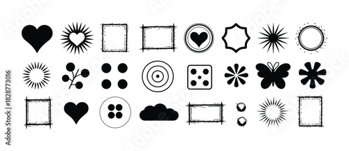 Collection of Black and White Graphic Icons: Hearts, Shapes, and Nature Elements