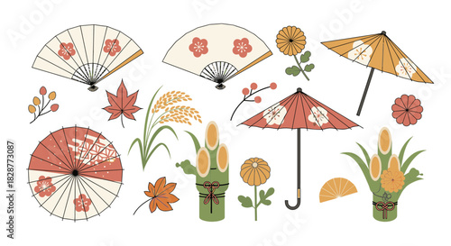 Delightful Japanese inspired collection of autumn leaves, flowers, traditional umbrellas and fans for elegant seasonal designs in modern prints