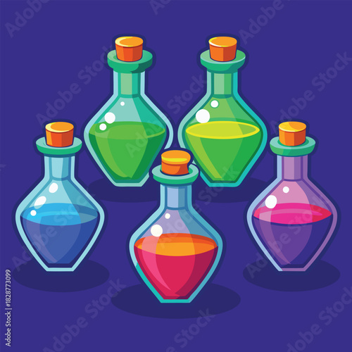 Five colorful glass potion bottles with cork stoppers