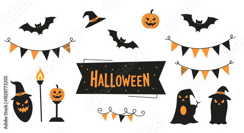 Spooky Halloween celebration elements for festive designs, perfect for invitations and party decorations, featuring bats, pumpkins, ghosts, and banners