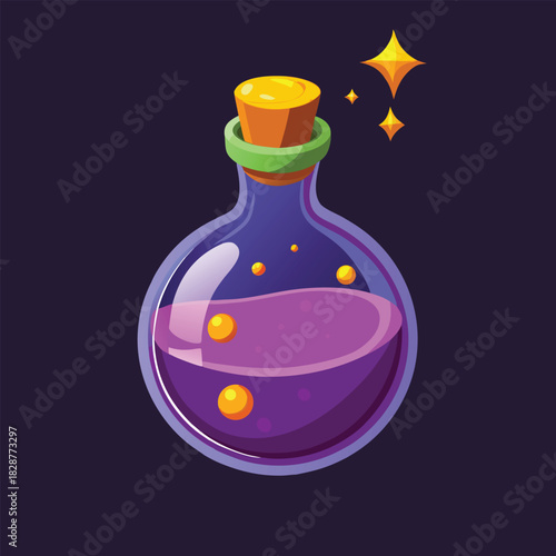 Cartoon round glass flask with purple liquid and yellow bubbles
