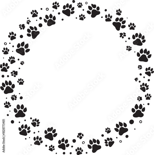 Paw Print Circle Frame Vector Illustration Animal Footprints Border Dog Cat Pet Design Graphic Element Background Template