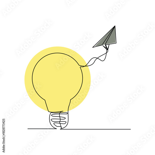 Continuous line sketch drawing of light bulb and paper plane. Single line art of startup business idea vector illustration editable stroke
