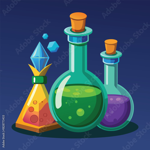 Three distinct potion bottles green purple and yellow with crystal