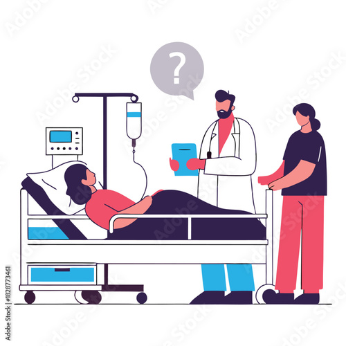 Hospital Room Scene Illustration: Doctor Examining Patient During Ward Round Clinical Diagnosis Healthcare Professional Consultation