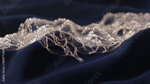 An intricate and shimmering network of fine silver threads forming a delicate and interconnected pattern on a dark fabric surface