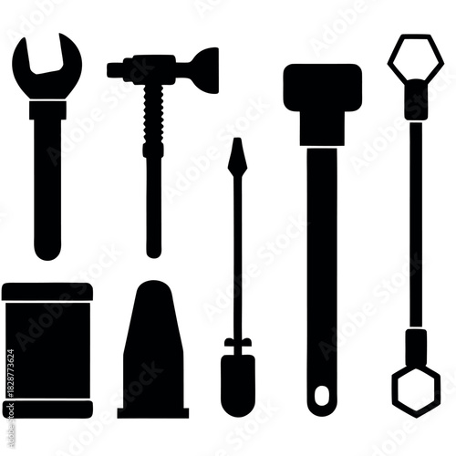 set of black construction tools simple flat vector