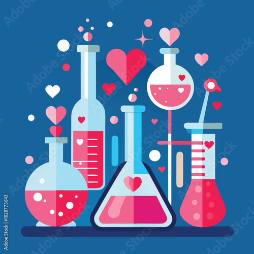 Colorful laboratory glassware with hearts and bubbles