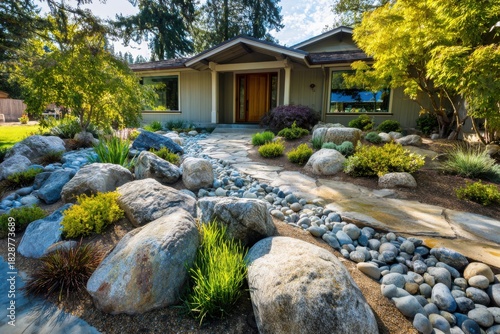 Wallpaper Mural Beautiful landscaping enhances the entrance of a modern home with natural stones and vibrant plants in a serene outdoor setting Torontodigital.ca