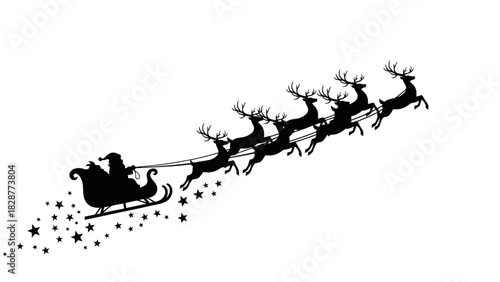 Black silhouette of Santa Claus in a sleigh pulled by eight flying reindeer with a trail of stars.