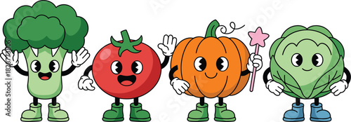 Cute cartoon vegetable characters including broccoli, tomato, pumpkin, and cabbage with expressive faces and playful kawaii style.