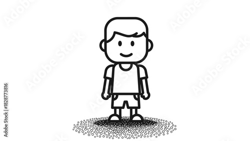 A simple black and white line art illustration of a smiling cartoon boy standing.