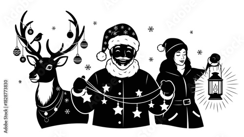 Black and white illustration of Santa Claus, a woman, and a reindeer with Christmas decorations and a lantern.