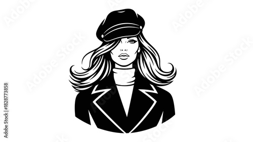 Black and white illustration of a stylish woman wearing a cap and jacket with flowing hair, a fashion portrait.