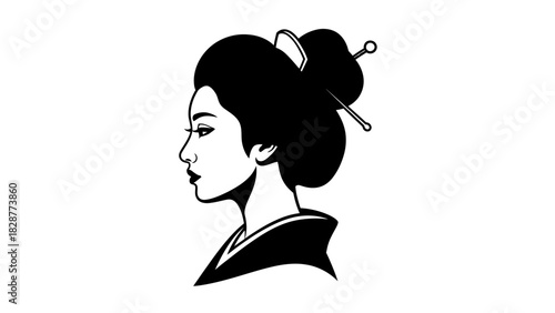 Elegant black and white illustration of a geisha in profile, showcasing traditional hairstyle and attire.