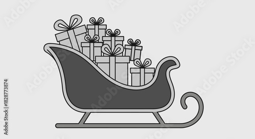A grayscale illustration of a sleigh filled with wrapped gifts, conveying a festive holiday spirit.