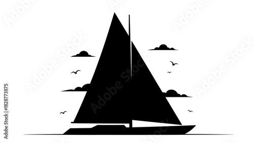 Silhouette of a sailboat with a large sail, clouds, and birds against a white background.