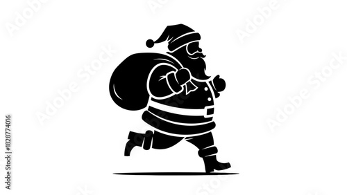 Silhouette of Santa Claus running with a large sack over his shoulder, delivering gifts.