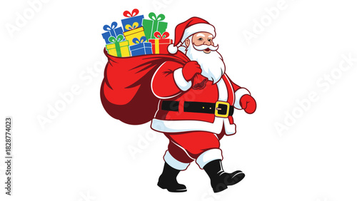 Illustration of Santa Claus carrying a sack full of colorful gifts.