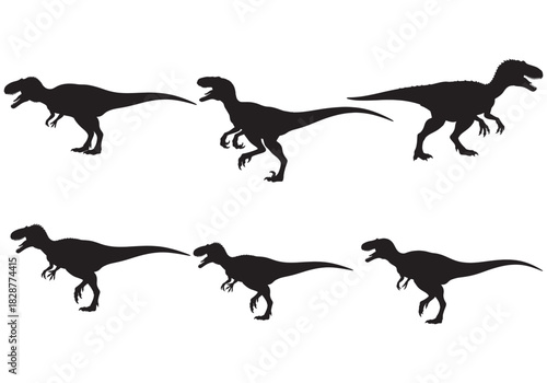 Collection of six dinosaur silhouettes in dynamic poses on a white background