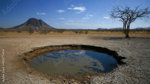 A severely depleted water reservoir with a low water level sits in a dry cracked earth landscape under a blue sky with clouds