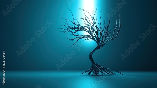 A skeletal tree silhouette illuminated by a vibrant blue light with gnarled branches and visible roots against a dark background