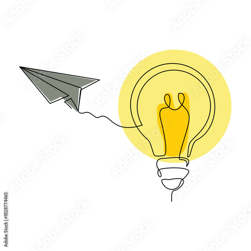 Continuous line sketch drawing of light bulb and paper plane. Single line art of startup business idea vector illustration editable stroke
