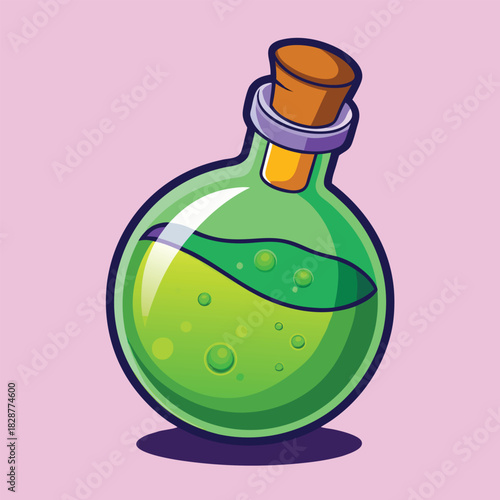Cartoon round bottle with green fizzy liquid and cork 1