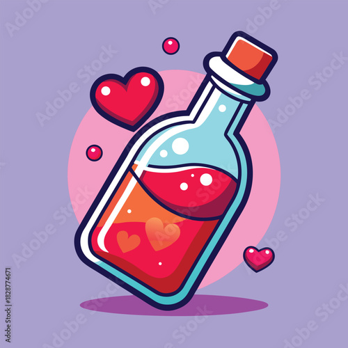 Glass bottle with red liquid and hearts vector