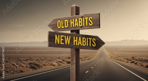 Crossroads Sign: Old Habits vs. New Habits in Desert