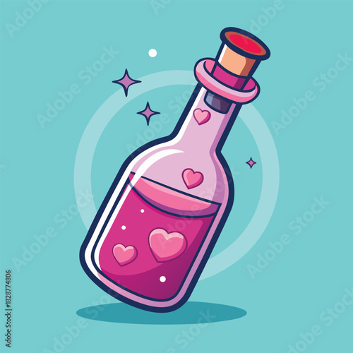Stylized bottle with pink liquid and hearts cork stopper