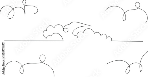 Single line drawing of clouds in the sky. Minimalist single line drawing of clouds in the sky. A clean, continuous line art illustration depicting fluffy clouds drifting across a sky. Perfect for simp