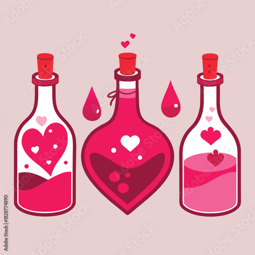 Three stylized bottles filled with pink and red liquid and hearts