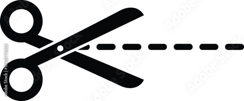 Scissors cutting dashed line icon, coupon symbol, trim guide, black silhouette, vector artwork, white background, cutout indicator